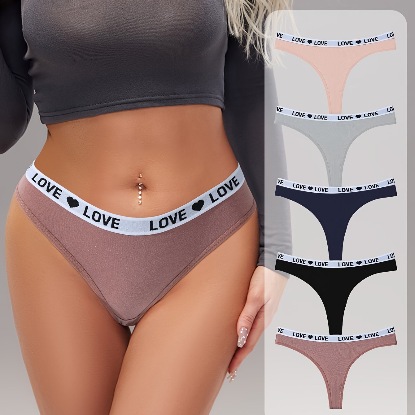 5 pairs of letter print color block thongs, sexy and comfortable breathable stretchy panties for women.