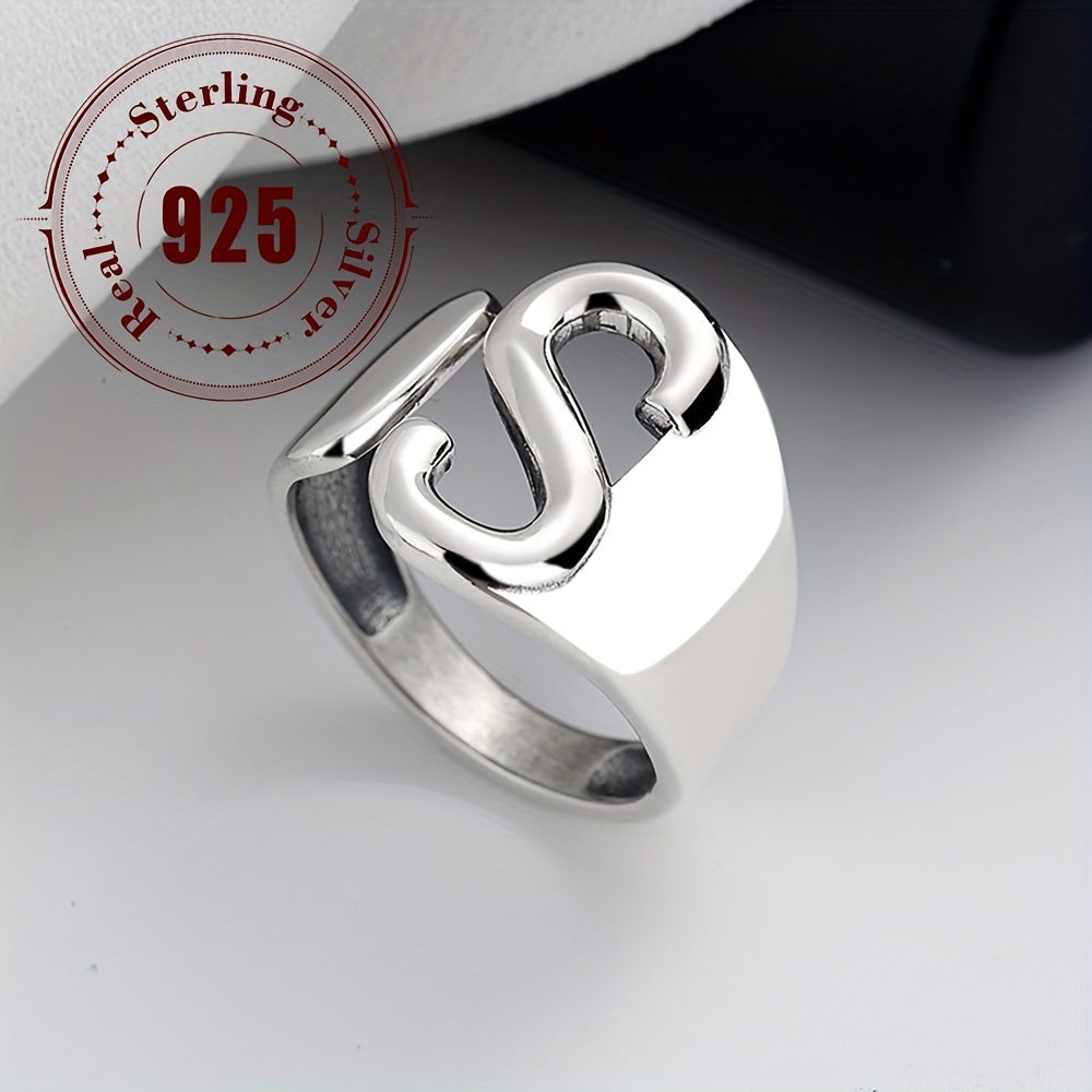 Hip Hop Style Sterling Silver 925 Wide Band Ring with Letter S, Influenced by Japanese & Korean Fashion, Suitable for Everyday Wear and Gift Giving, Weighs Approximately 3.5g