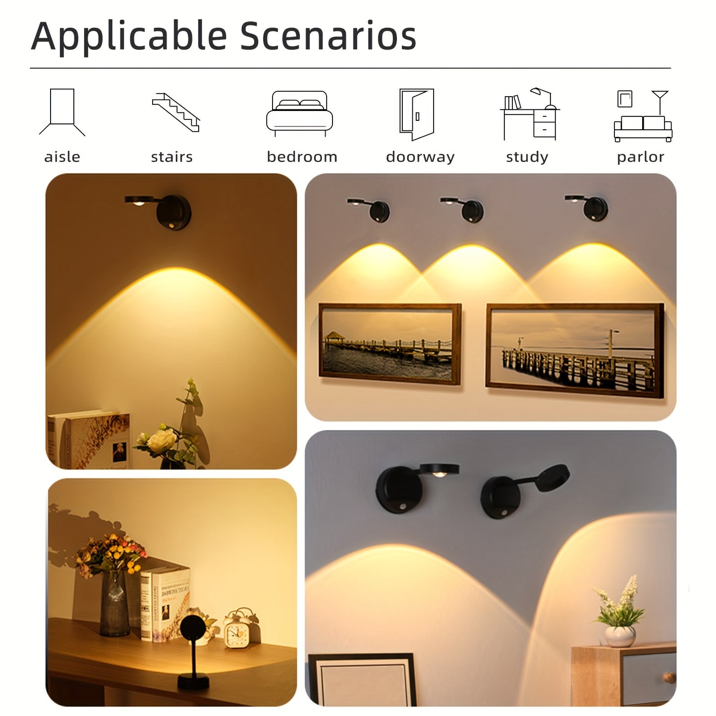 Rechargeable motion sensor LED wall lamp with remote control. Adjustable light. Easy installation, suitable for stairs, corridors, living room, and bedroom.