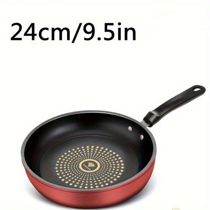 The 9.5-Inch Non-Stick Skillet features a durable cast iron handle, is dishwasher safe, and comes with a lid. It is suitable for smooth-top and induction cookers, and utilizes German Non-Stick Technology for versatile cooking options such as frying