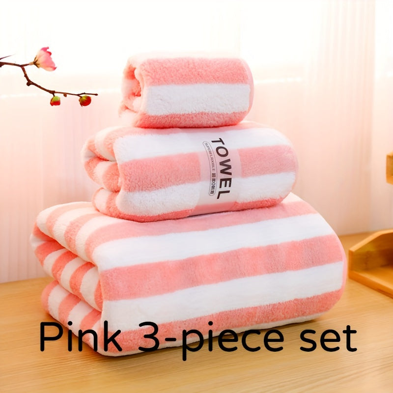 Luxury bath towel set in blue & white stripes - ultra-soft, highly absorbent microfiber. Includes large bath towel, bath towel, and washcloth. Lint-free, skin-friendly for home & hotel use. Ideal for bathrooms.