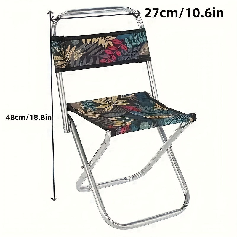 Lightweight Metal Camping Chair with Portable Folding Stool, Beach Fishing Ideal, Green Leaf Pattern, No Electricity Required, Outdoor Foldable Furniture