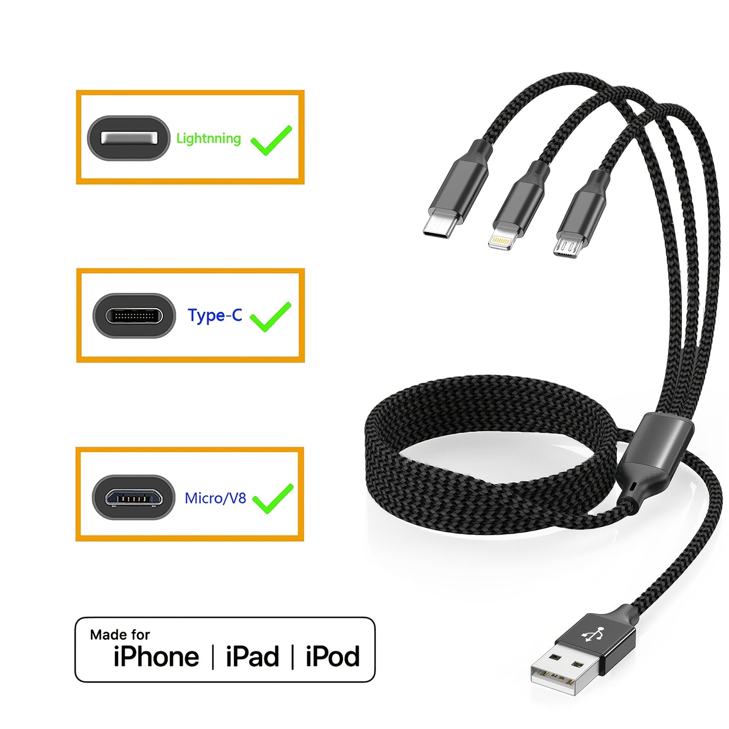 Fast charging USB cable compatible with iPhone, Samsung, Type-C, Micro USB devices and various Android smartphones.