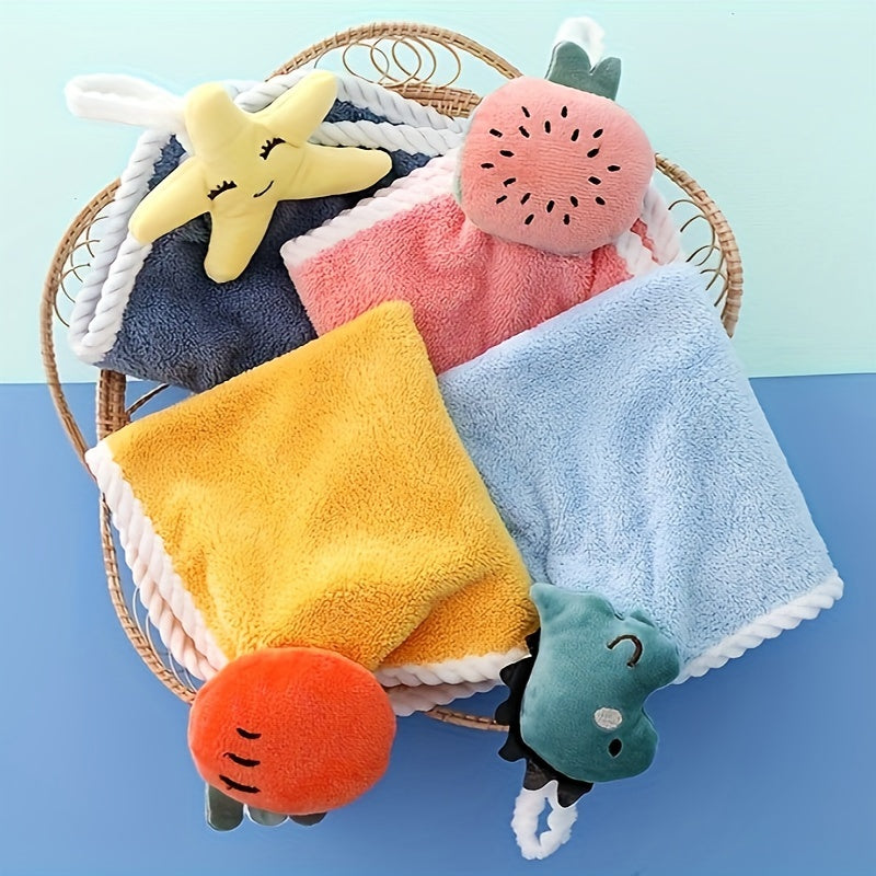 Cute dinosaur hanging hand towel made of soft coral fleece, highly absorbent and ideal for kitchen and bathroom use. Great for both kids and adults.