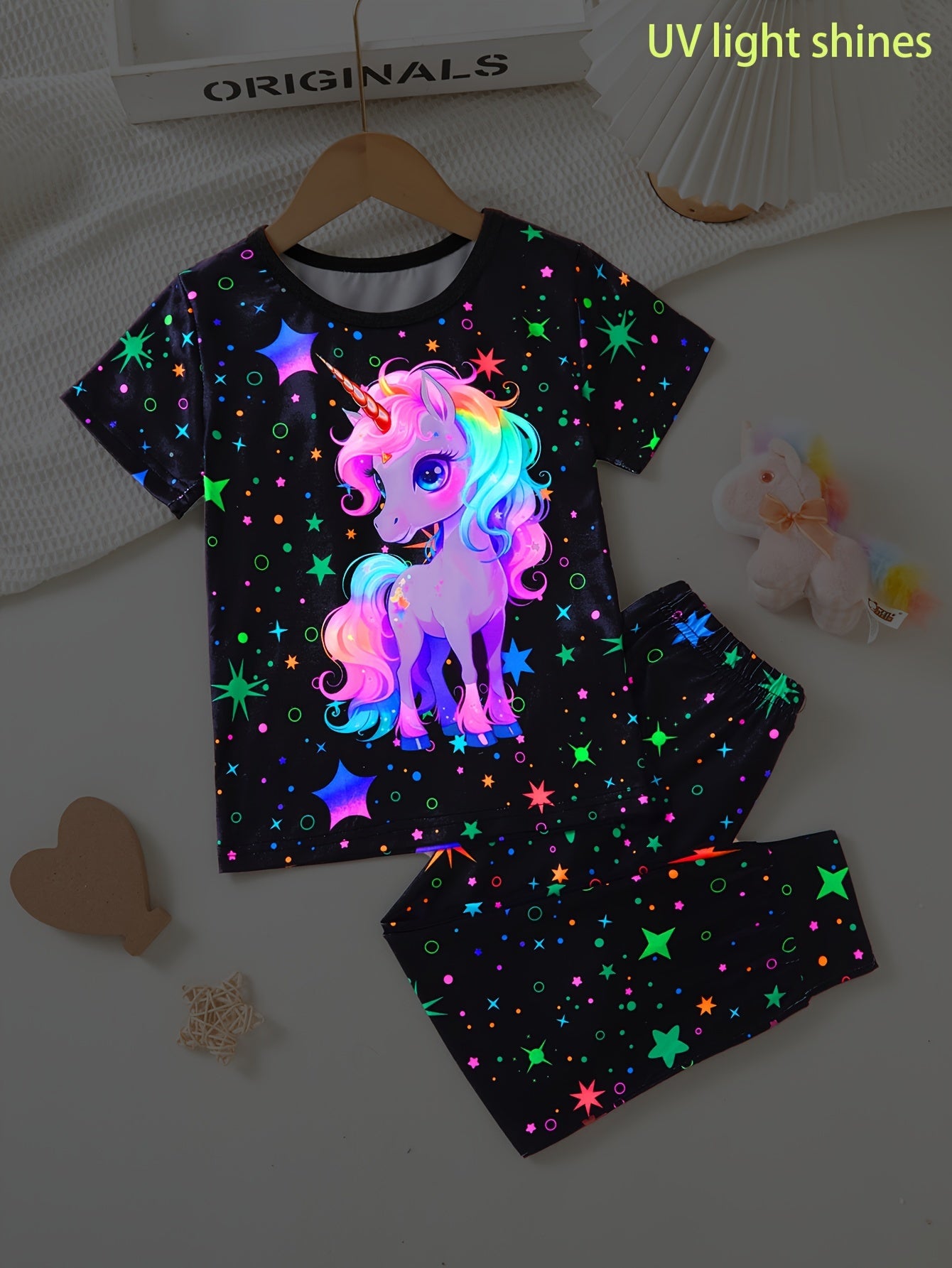 Girls' 2-piece set with cute unicorn hoodie and starry sky pants, perfect for outdoor wear with UV light illumination.