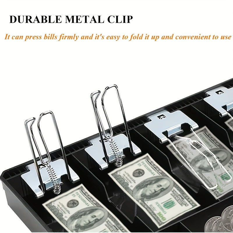 Upgraded metal cash register drawer insert tray with 5 bills/4 coins slots, black.