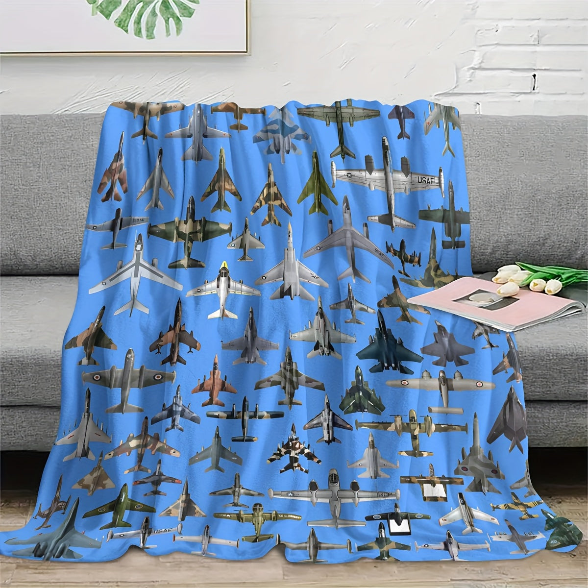 Flannel fleece throw blanket featuring a contemporary military jet aircraft pattern - Perfect for aviation enthusiasts! Hypoallergenic, stain resistant, and suitable for all seasons. Made of soft knit polyester fabric with a high-quality digital print.