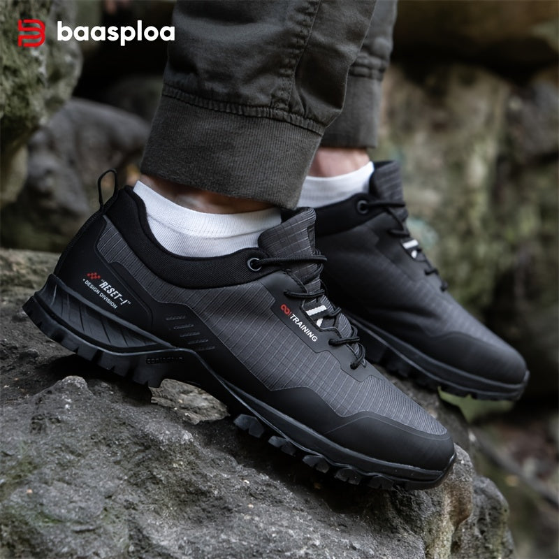 BAASPLOA Men's Low-Top Hiking Shoes in Black with Red Accents - Durable, Waterproof, Anti-Slip, Comfortable PU Insole