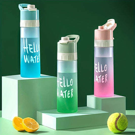 Large capacity gradient sports water bottle with spray function, made of durable PP, essential for summer cooling. Available in blue, green, or pink with "HELLO WATER" motif.