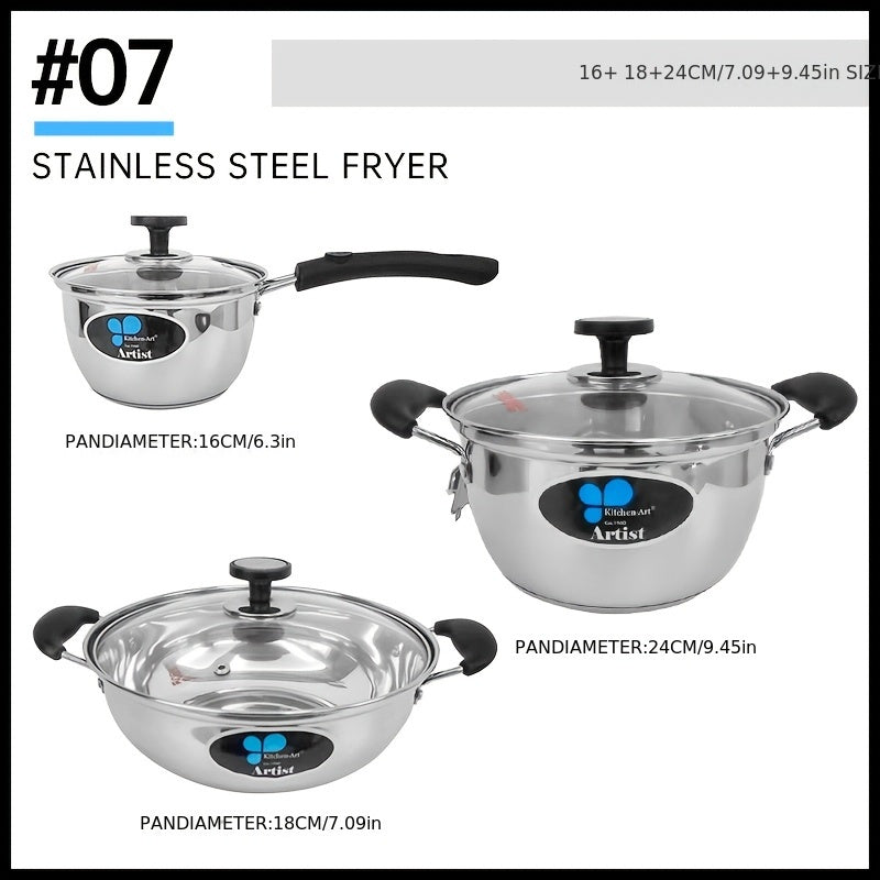 Stainless Steel Cookware Set - Includes 3 Pieces, Compatible with Induction & Gas Stoves, Ideal for Home Kitchens