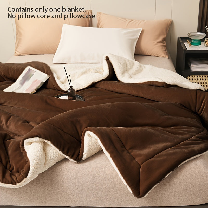 1 piece Simple Coffee Blanket with Double Layer Milk Fleece and Lamb Fleece, featuring a Pressing Line design. This Casual Throw Blanket is perfect for staying cozy and comfortable during naps.