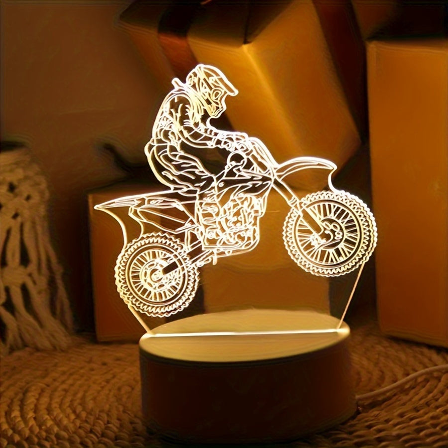 Geometric sports-themed LED night light for motocross enthusiasts with energy-efficient USB power supply for multiple settings.