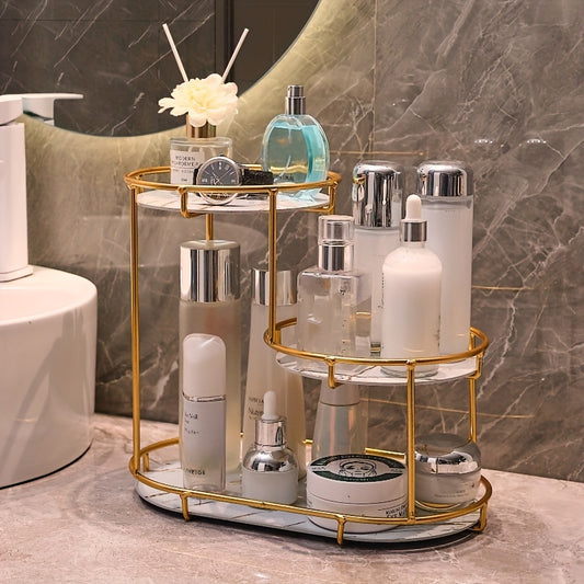 Durable cast iron 3-tier bathroom organizer for cosmetics, perfumes, skincare, and toothbrushes with washable UV panel.