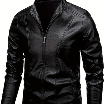 Men's Casual PU Leather Jacket with Stand Collar and Zipper Placket, Regular Fit and Long Sleeve, Non-Stretch Woven Moto Style Outwear.