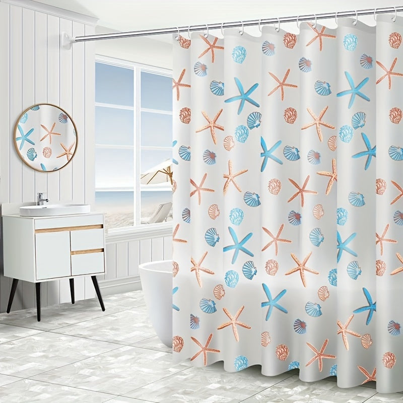 Durable plastic shower curtain liner with starfish shells design, waterproof, transparent, 180.34cm W x 180.34cm H, perfect for ocean-themed bathrooms.