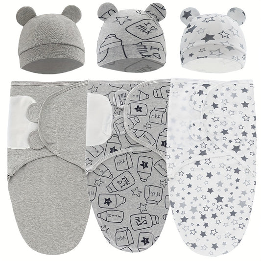 Newborn newborn swaddle set includes adjustable sleeping bag for prevention of startle reflex.