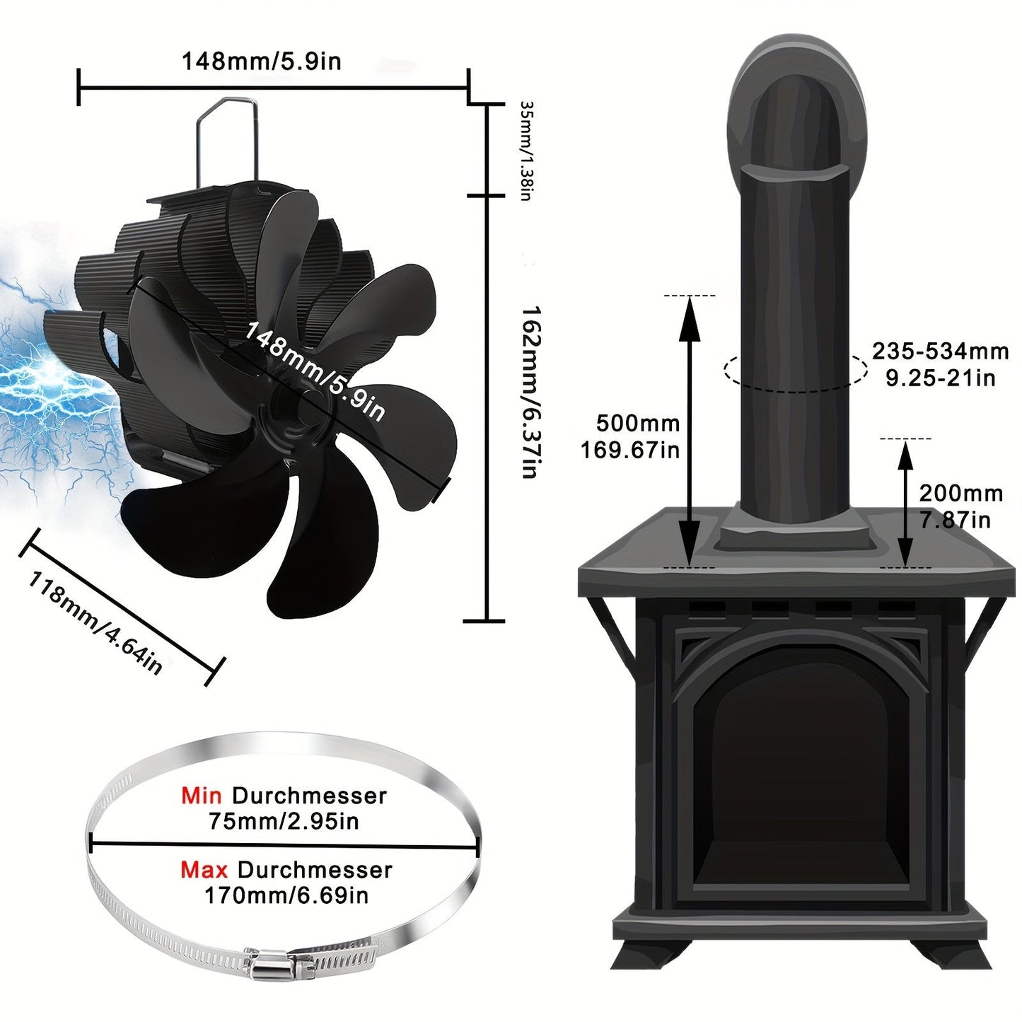 6-Blade Wood Burner Fan for Fireplace Pipe or Wood Burning Stove - Adjustable Band, Quiet and Efficient Magnetic Stove Fan for Effective Warm Air Distribution