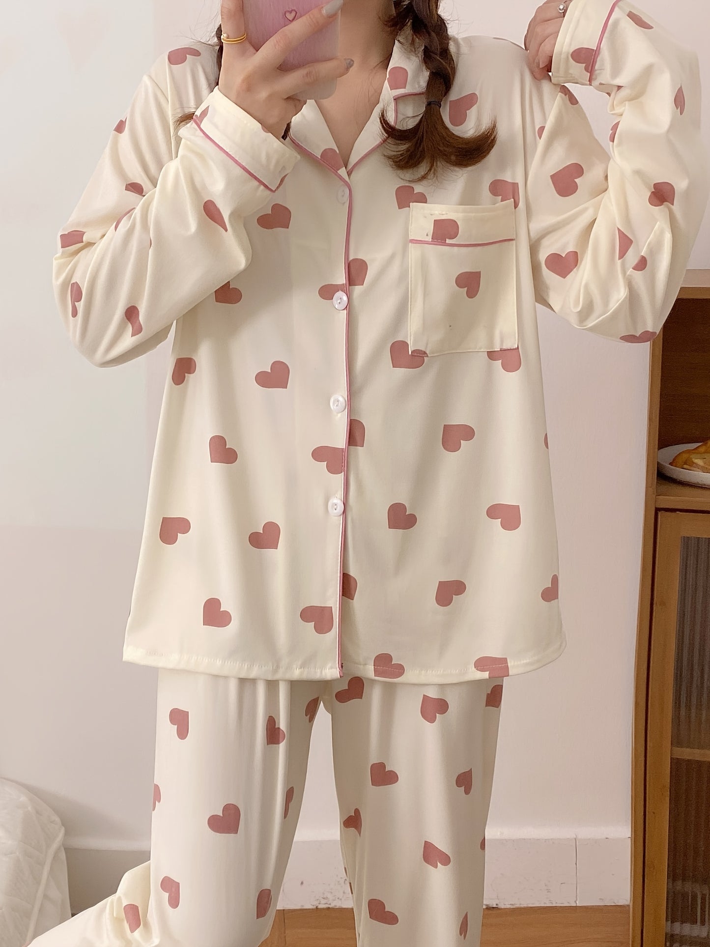 Women's Valentine's Day Heart Pattern Pajama Set - Cozy Polyester, Long Sleeve Top & Elastic Waist Pants, Ideal for Spring/Fall