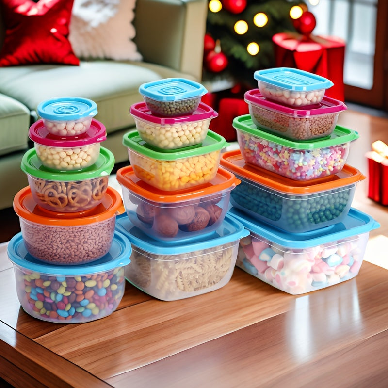 Set of 5 circular plastic food storage containers with matching lids, made without BPA and safe for use in the microwave. Featuring flip tops for convenience, these containers offer a large capacity and can be used for various purposes to keep food fresh