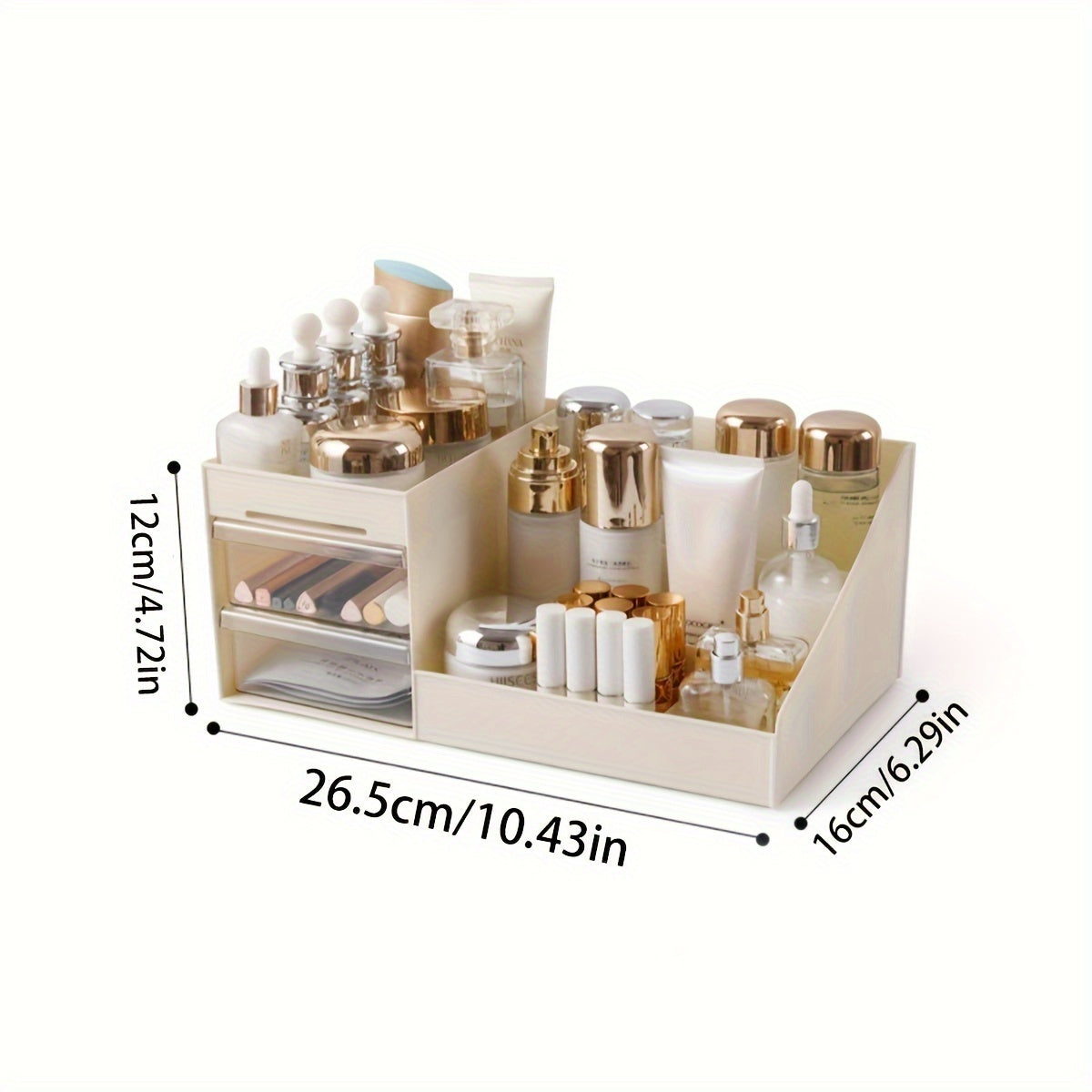 Large makeup organizer with drawers in cream & gold finish. Ideal for skincare, brushes, beauty blenders, perfumes, and nail art. Durable plastic, no power required.