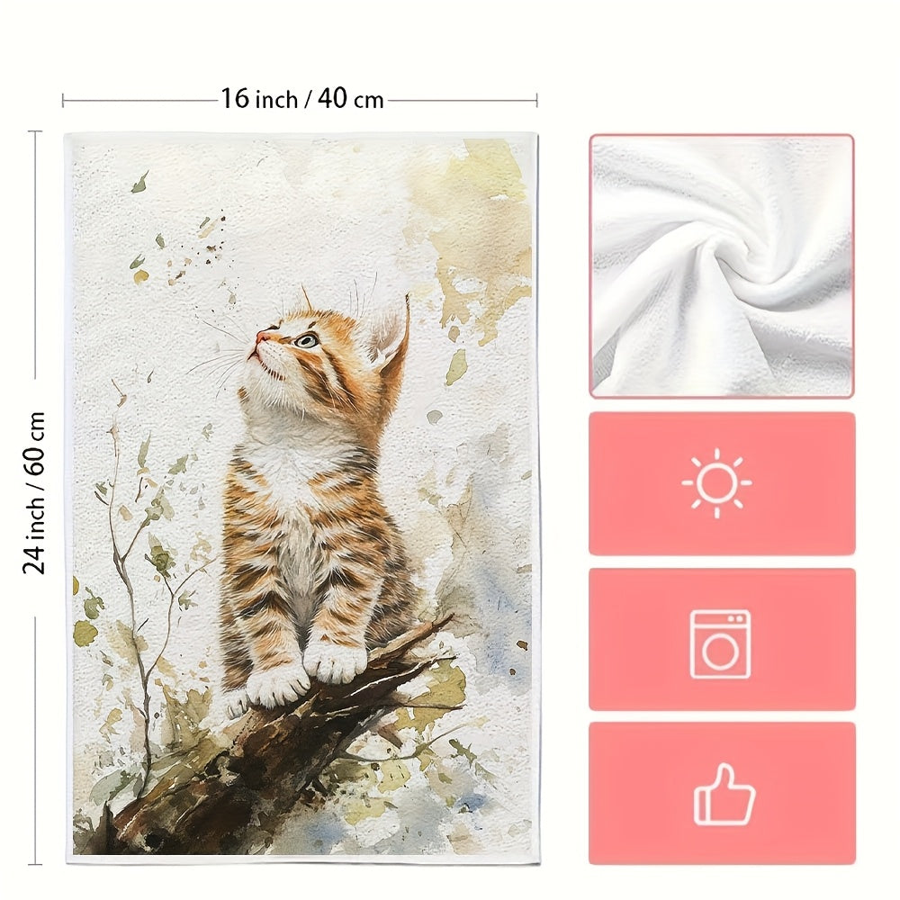 Set of 2 Ultra Soft Kitchen Towels featuring an Endearing Orange Kitten Design. These towels are highly absorbent and quick-drying, perfect for use in the kitchen. They are machine washable and ideal for cooking and baking. Each towel measures