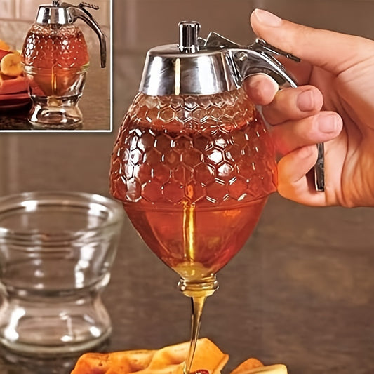 Multipurpose honey dispenser with storage rack for syrup, sauce, and seasonings. Made of reusable plastic, hand-wash only.