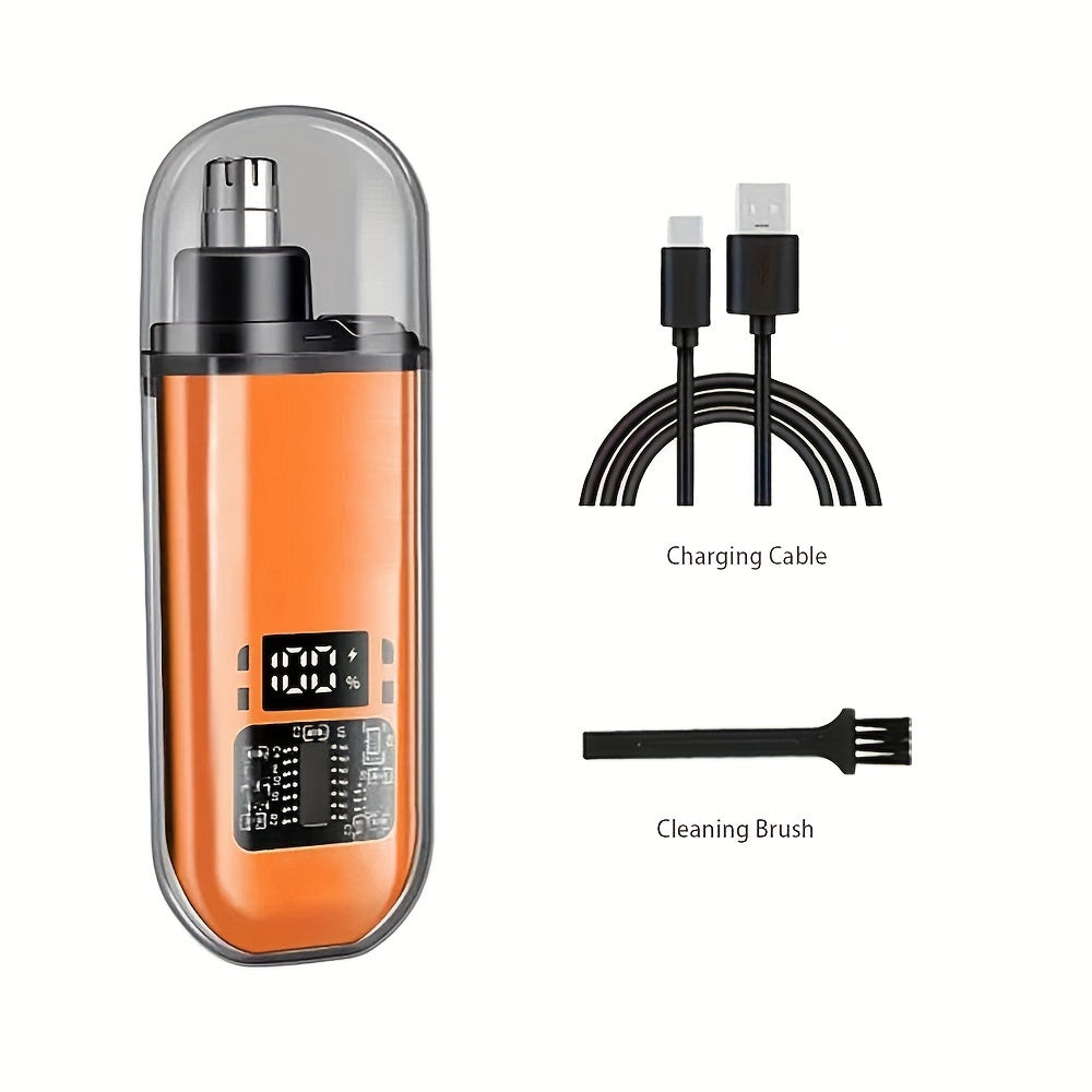 Men's USB rechargeable nose and ear hair trimmer with mini compact design. Fast charging via computer and car USB interface. Suitable for ages 14+. Made of plastic.