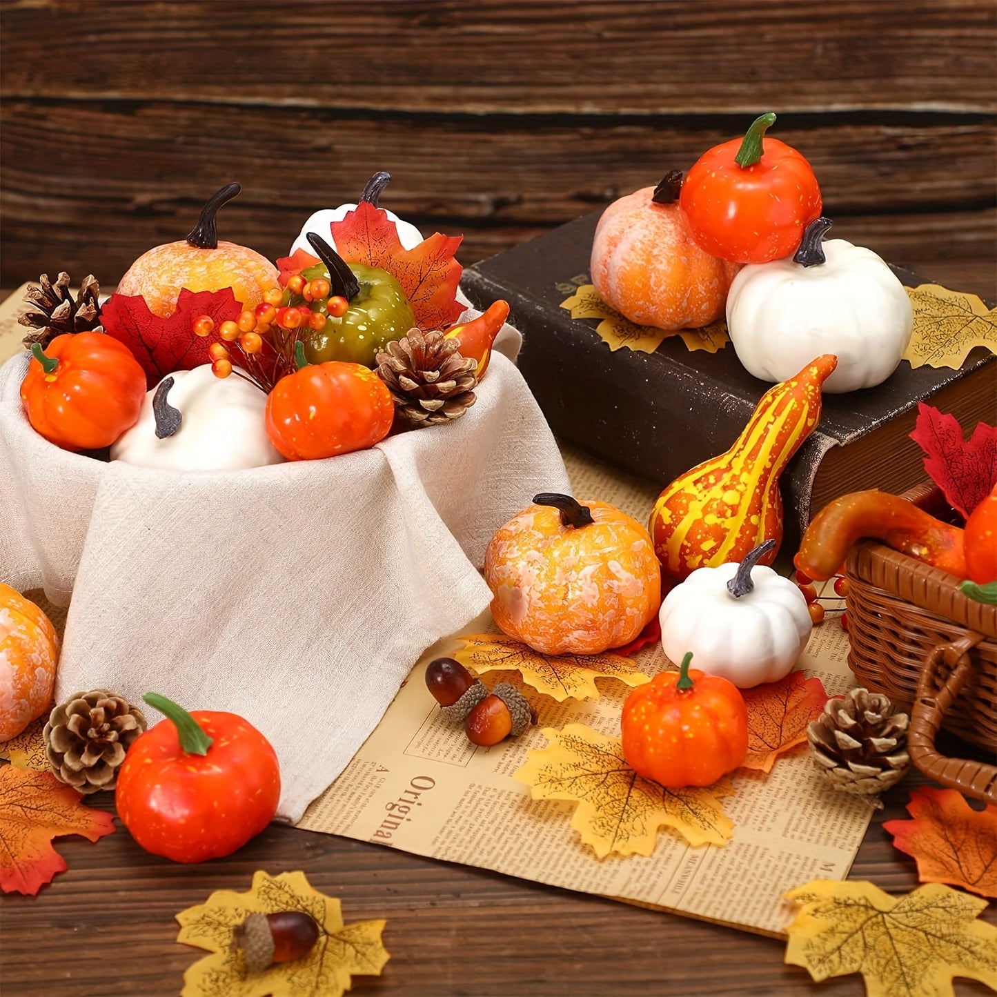 48-piece Autumn Harvest Decor Set featuring artificial pumpkins, gourds, acorns, maple leaves, and pinecones for Thanksgiving, Halloween, and wedding accents. Perfect for fall home decor.