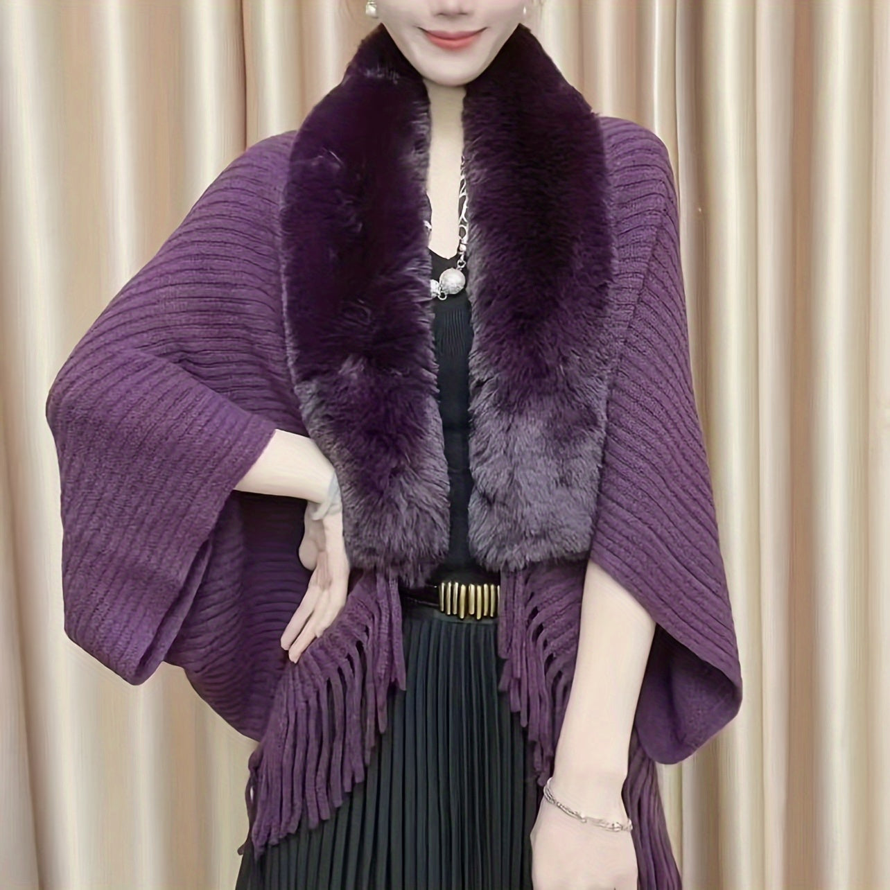 Stylish acrylic shawl wrap with faux fur collar, batwing sleeves, warm knit, machine washable.