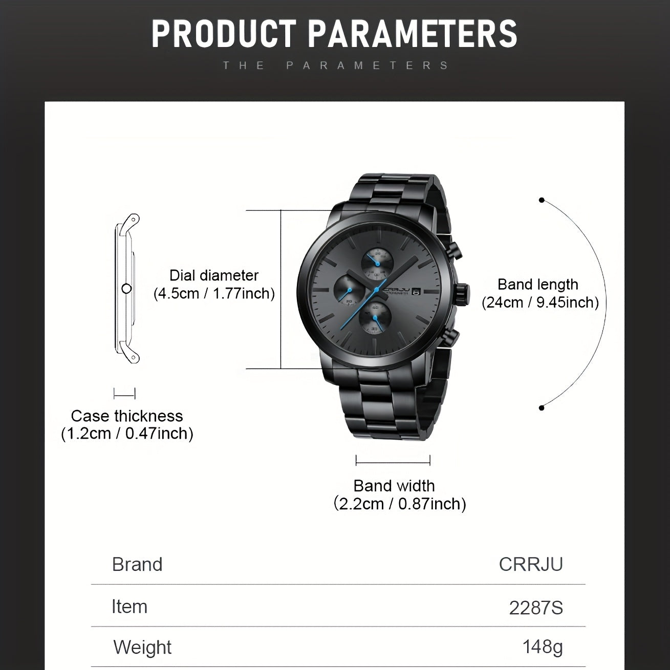 CRRJU Luxury Men's Stainless Steel Quartz Chronograph Watch with Business Style Analog Display.