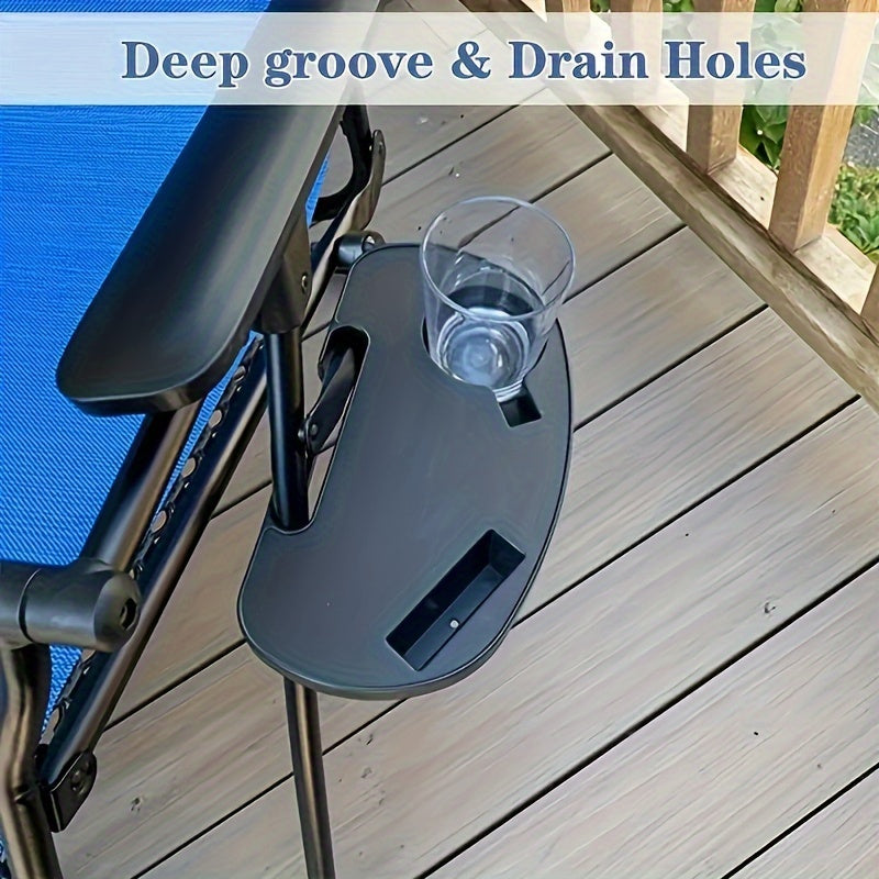 Accessory tray with cup holder and phone slot for your zero gravity chair - Black plastic, durable and easy to clip on, no power needed, fits most chairs.