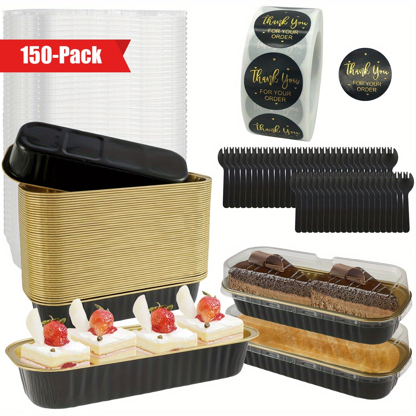 Set of 150 mini cake pans complete with lids and spoons, made of 6.76oz aluminum foil. These rectangular disposable cake molds are perfect for stacking in your baking containers at home. They are oven-compatible and ideal for holidays such as Christmas