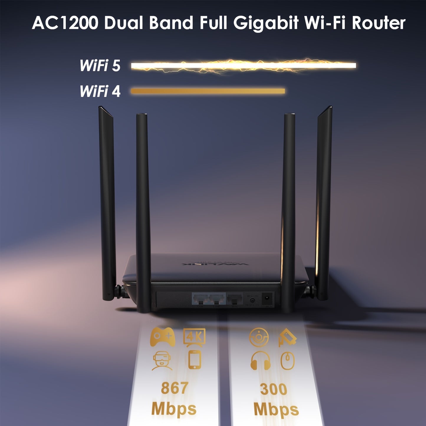 WAVLINK AC1200 Wireless Dual Band Router for home and gaming, featuring 1 x 10/100/1000Mbps WAN port, 2 x 10/100/1000Mbps LAN ports, supports LNA + PA and IPV6.