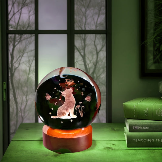 3D Cat & Butterfly Crystal Ball Night Light - USB Powered, Color-Changing Desk Decor - Ideal Gift for Mom, Girlfriend, Valentine's Day & Birthdays