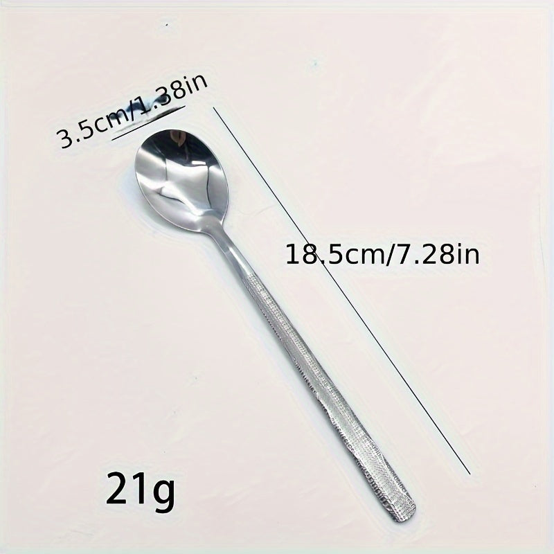 Durable stainless steel spoon with hammered round head design - ideal for kitchen and restaurant use. Easy to clean with a mirror polished finish. Suitable for soups, rice, and desserts.