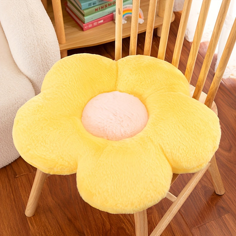 Cute flower plush pillow seat cushion in yellow, pink, and blue. Machine washable, cozy seating addition for home decor and reading spaces. Soft acrylic filling and decorative pillows in contemporary floral design.