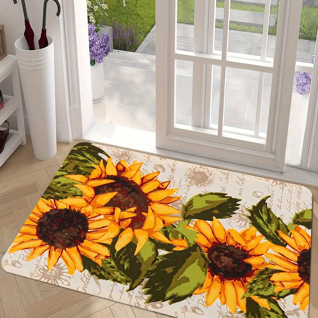 One piece Sunflower Print Kitchen Floor Rug designed to resist dirt and water, machine washable for easy cleaning. Can be used as an Entrance Doormat, Kitchen and Living Room Carpet, or Laundry and Bathroom Water-absorbing Floor Carpet.