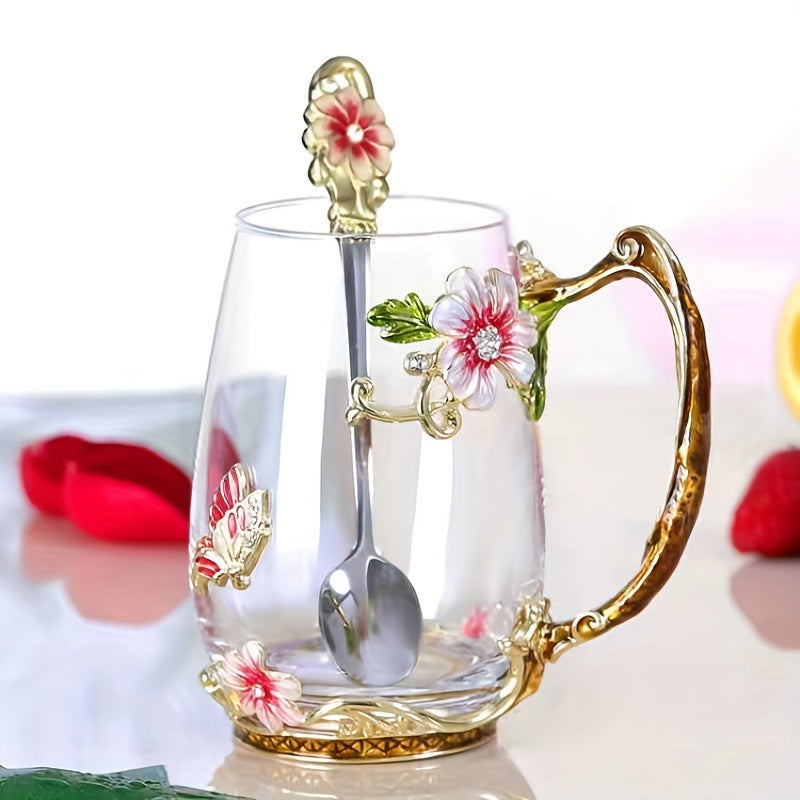 Enamel floral glass tea cup set, ideal for home, office, and parties. 320ml/350ml, reusable and high-quality. Perfect for breakfast, milk, and juice. Great gift idea.