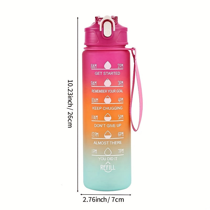 1pc Motivational 32oz/1L water bottle with time marker, portable rope, and straight design for outdoor gym, fitness, or as a gift.