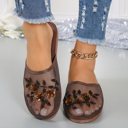 Women's Fashion Beaded Floral Slides - Lightweight Summer Indoor Shoes with Breathable Mesh, Almond Toe & EVA Sole