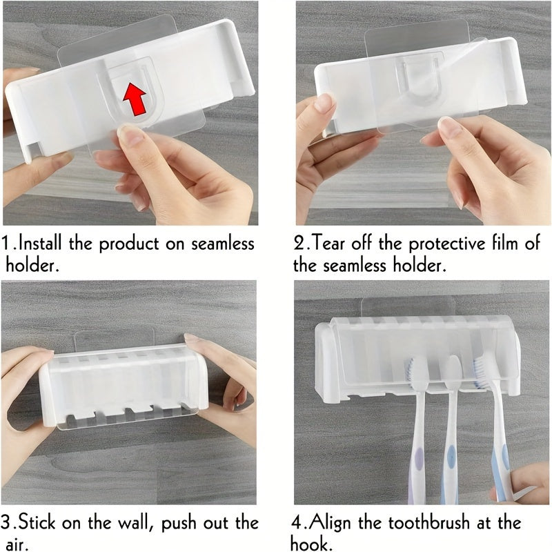 Wall-mounted toothbrush and toothpaste holder that saves space, requires no punching for installation, and is easy to install in the bathroom.