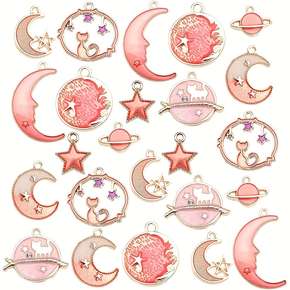 DIY Set of 24 Pink Assorted Gold Plated Enamel Cat Moon Star Celestial Pendants for Handmaking Earrings, Necklaces, Bracelets, and Jewelry