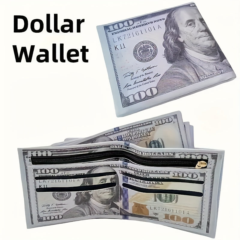 Retro dollar bill wallet with PU leather, credit card holder, zippered coin pouch, and foldable design for men.