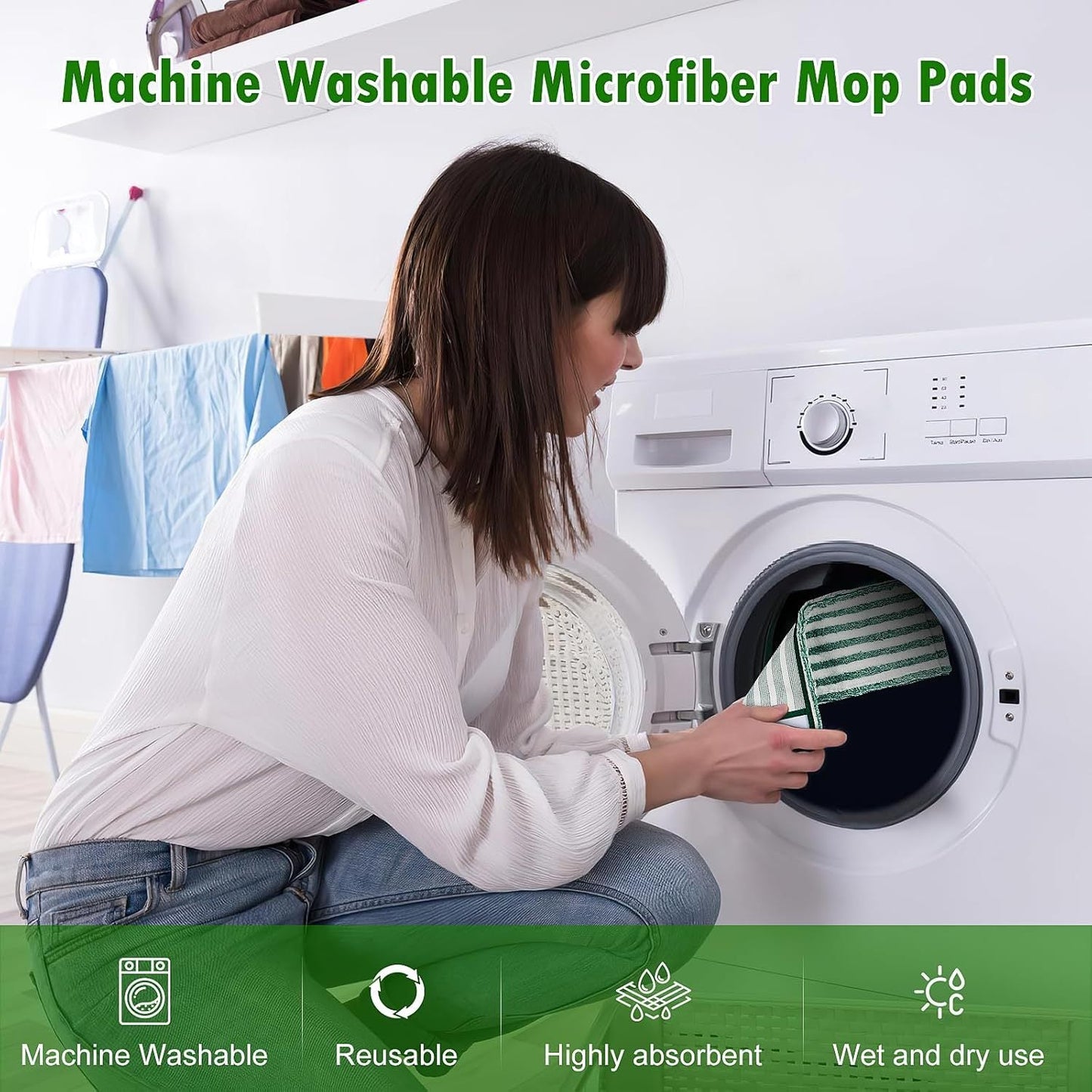 Microfiber mop refill pad in green stripe pattern, washable and reusable. Compatible with Libman floor mop for easy wringing. Perfect for home and office use.