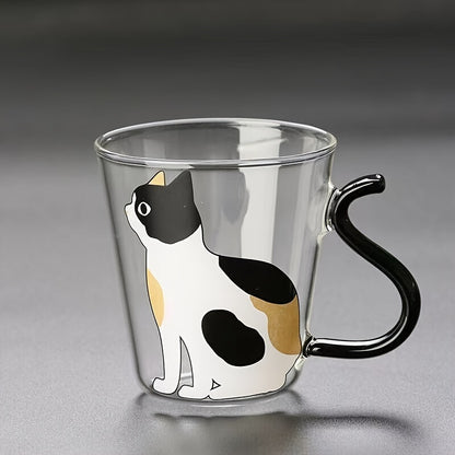 8.8oz Cute Cat Glass Mug made of high borosilicate glass, heat & cold resistant, reusable with animal print design for all beverages - handwash only.