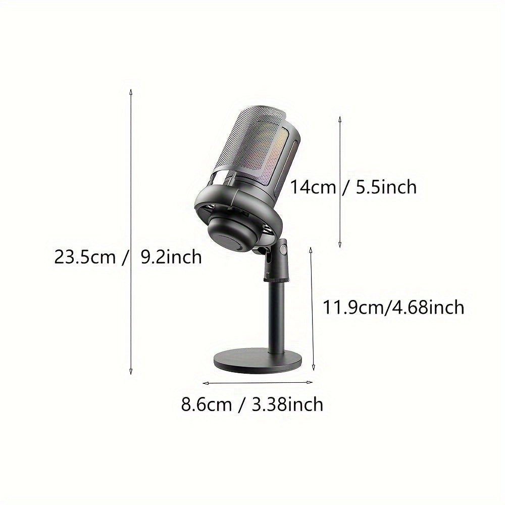 RGB 7-rangli LED mikrofon, quloqchin ulanish joyi, mikrofon kuchaytirish funksiyasi, USB-C, omnidireksional o'yinlar, qo'shiq aytish, karaoke, video konferensiyalar va striming uchun. USB orqali quvvatlanadi, batareya kerak emas.