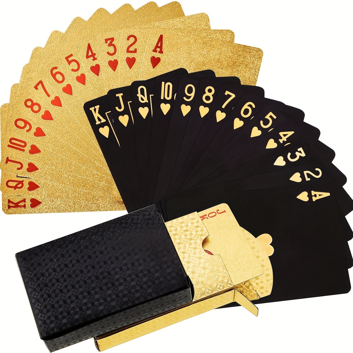 2 Decks of waterproof PVC playing cards with 24K golden foil, ideal for magic, collectibles, and card games.