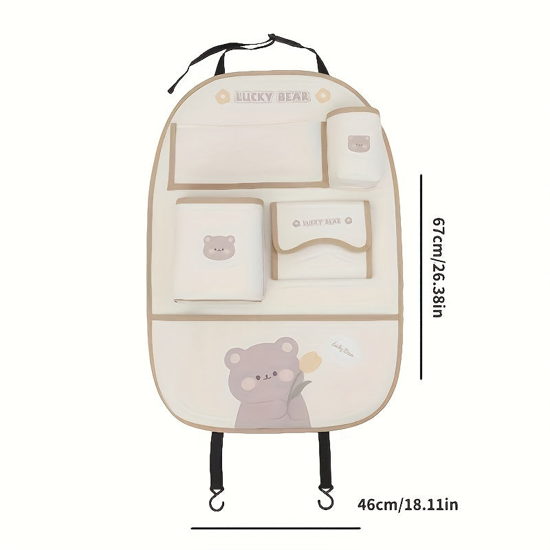 Adorable Bear & Bunny Car Organizer - Versatile Seat Back Storage with Trash Bin, Tissue Holder, Cup & Phone Slots, Long-lasting Faux Leather, Simple to Clean - Ideal Gift for the Holidays