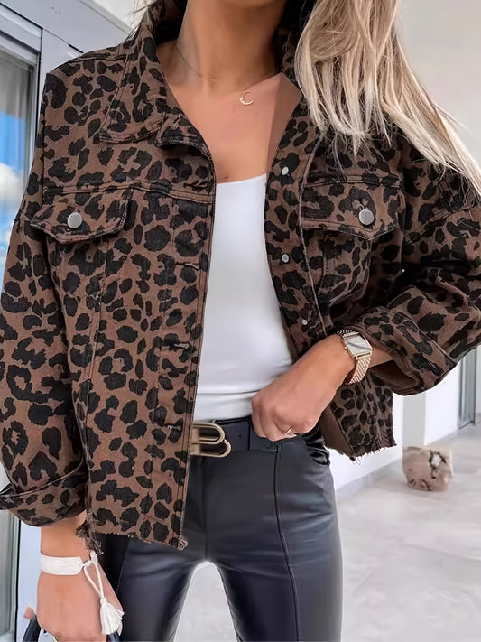 Women's Leopard print denim jacket with long sleeves and button collar.