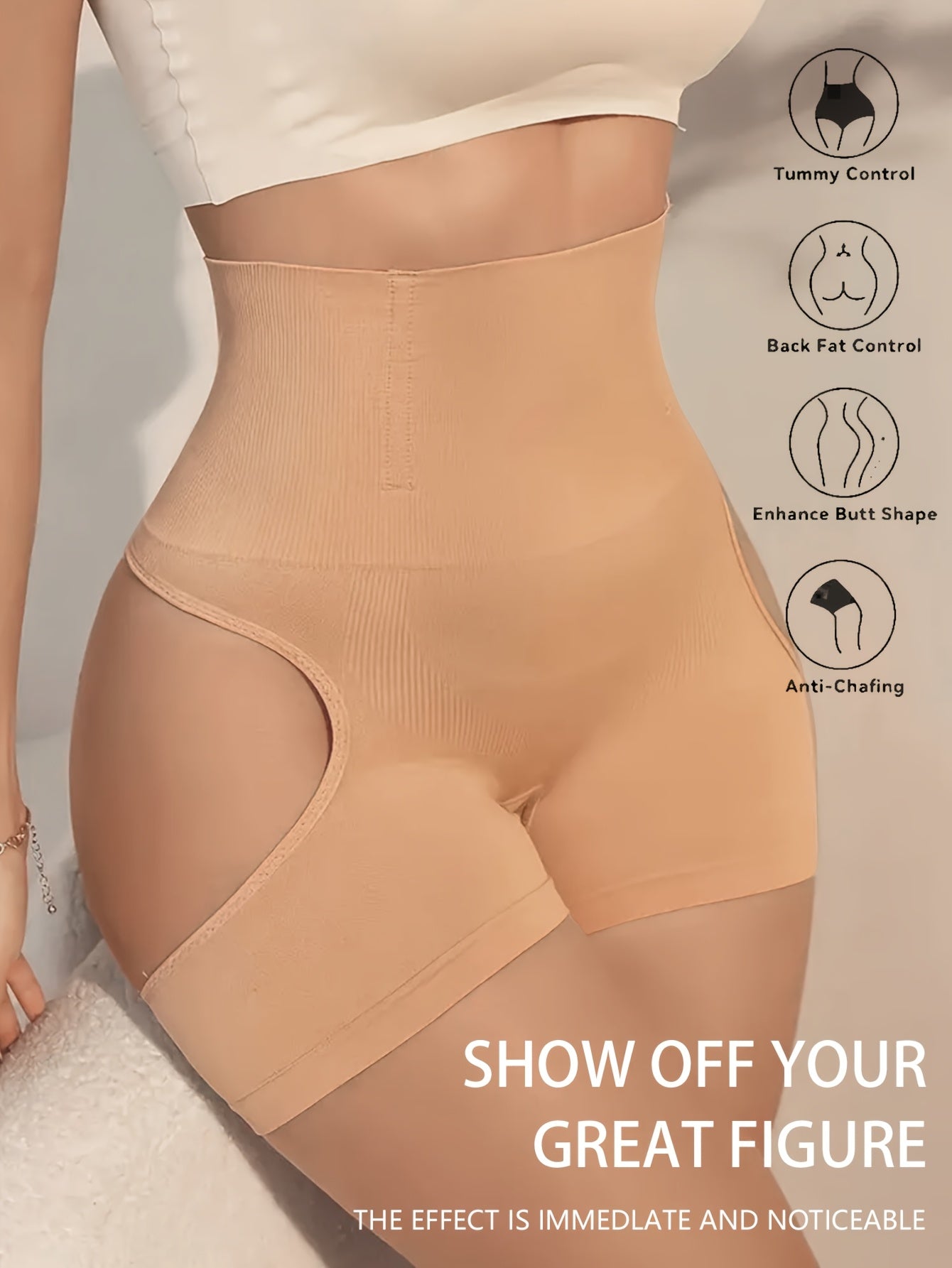 High-waisted tummy control shaper shorts with waist slimming and leg shaping features. Made of 85% polyamide and 15% elastane. Solid color knit fabric, weighing 160g/m².